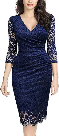 Miusol Women's Retro Deep-V Neck Ruffles Floral Lace Dress