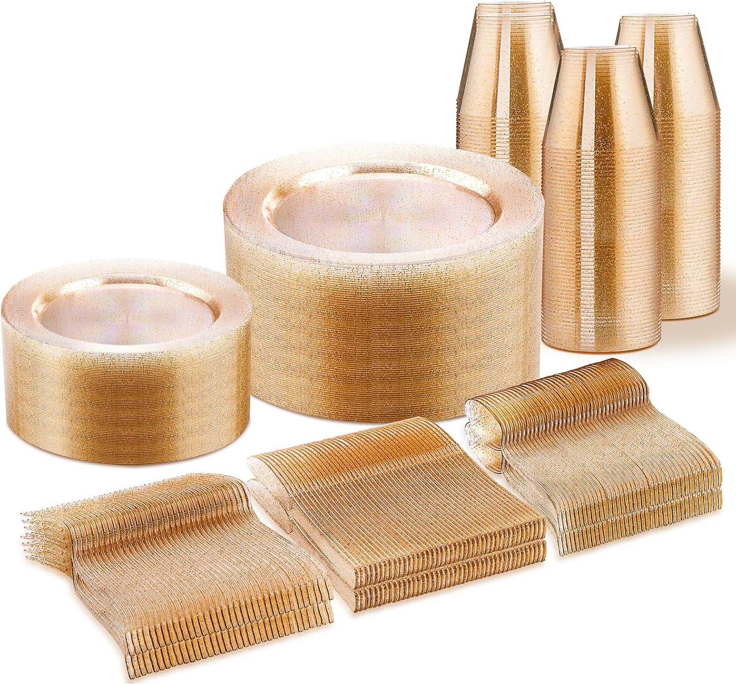 WELLIFE 300 PCS Gold Glitter Dinnerware Set for Elegant Events