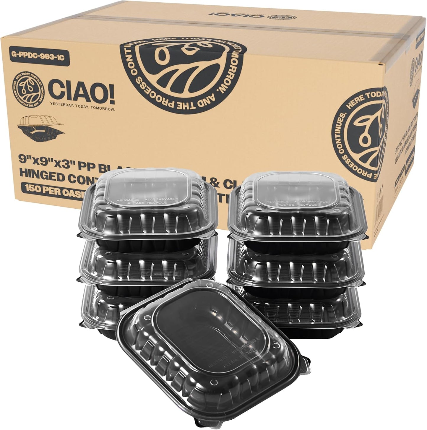 CIAO! 9x9x3 Polypropylene Clear Lid Hinged Take Out Container