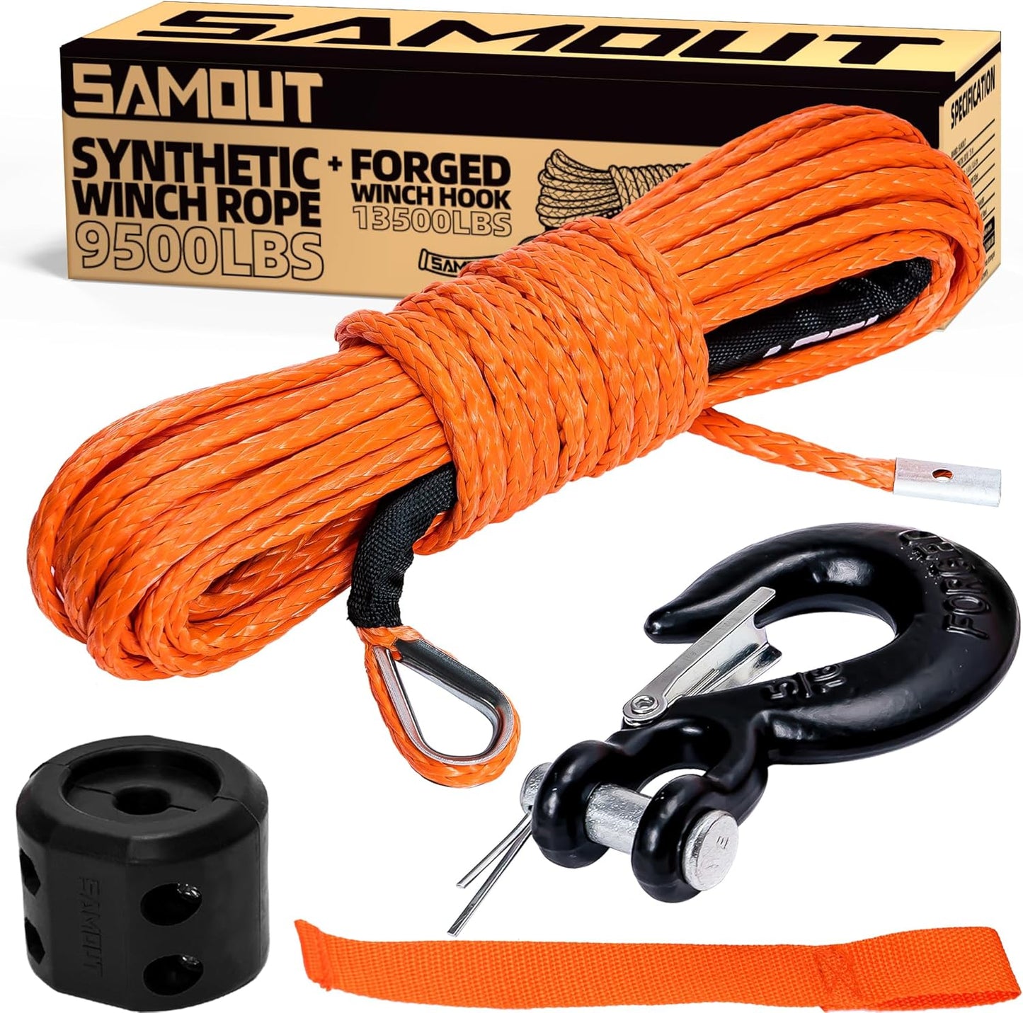 Synthetic Winch Rope Kit 1/4in x 50ft with Forged Hook and Strap