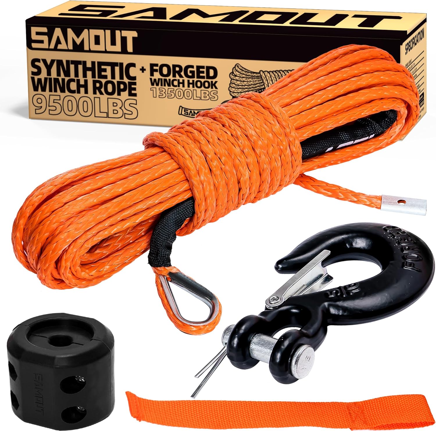 Synthetic Winch Rope Kit 1/4in x 50ft with Forged Hook and Strap