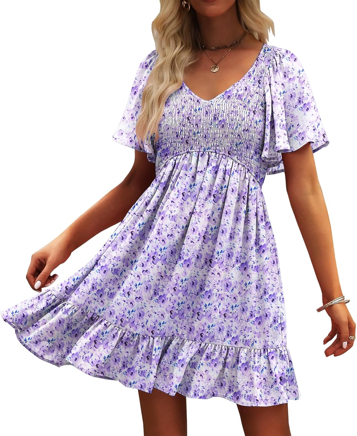 Womens Cute Floral Smocked V Neck Flutter Sleeve Sundress