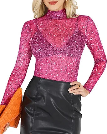 MANGOPOP Women's Long Sleeve Glitter Sheer Mesh Tops for Clubwear