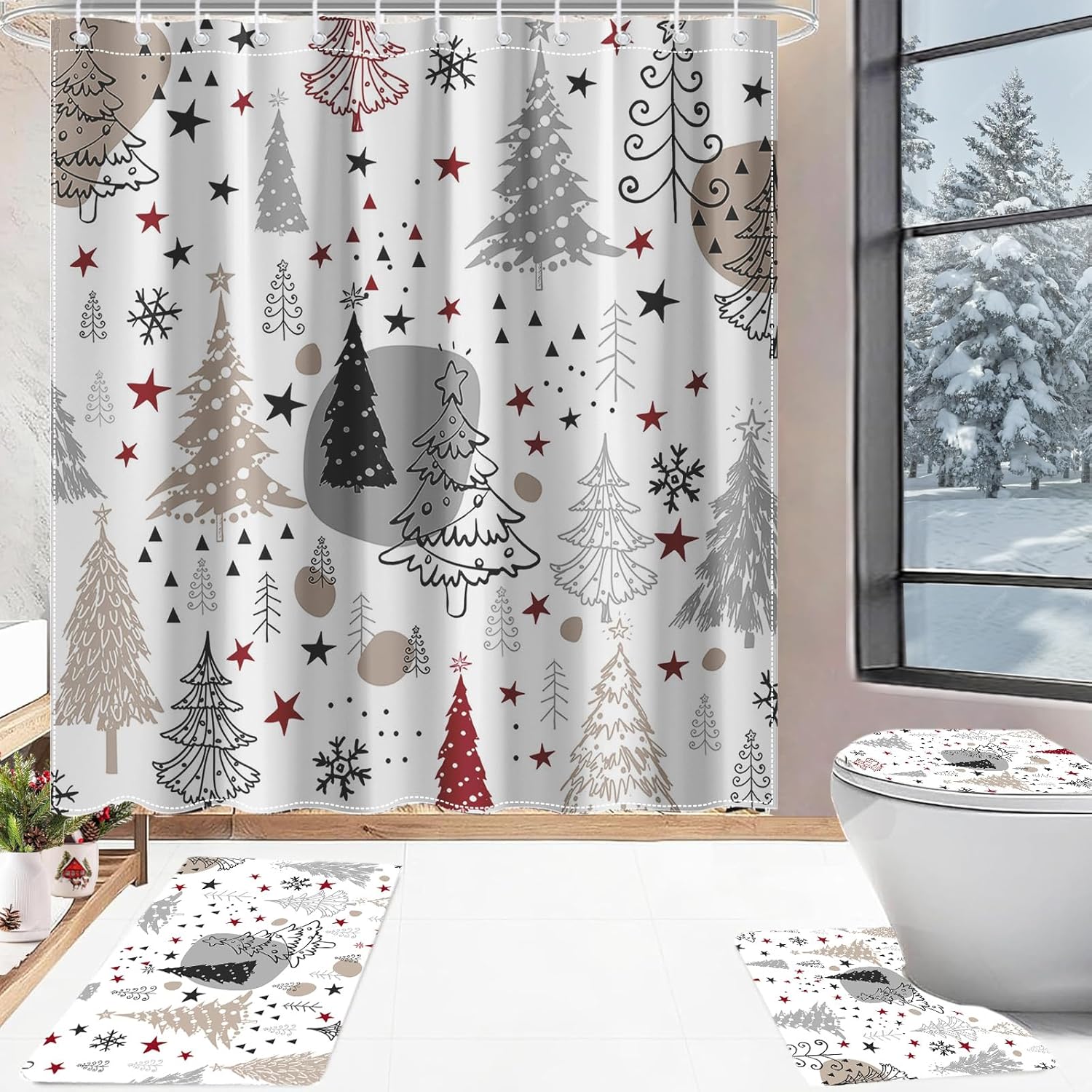 Xmas Bathroom Decor Set - Holiday Pine Tree Theme