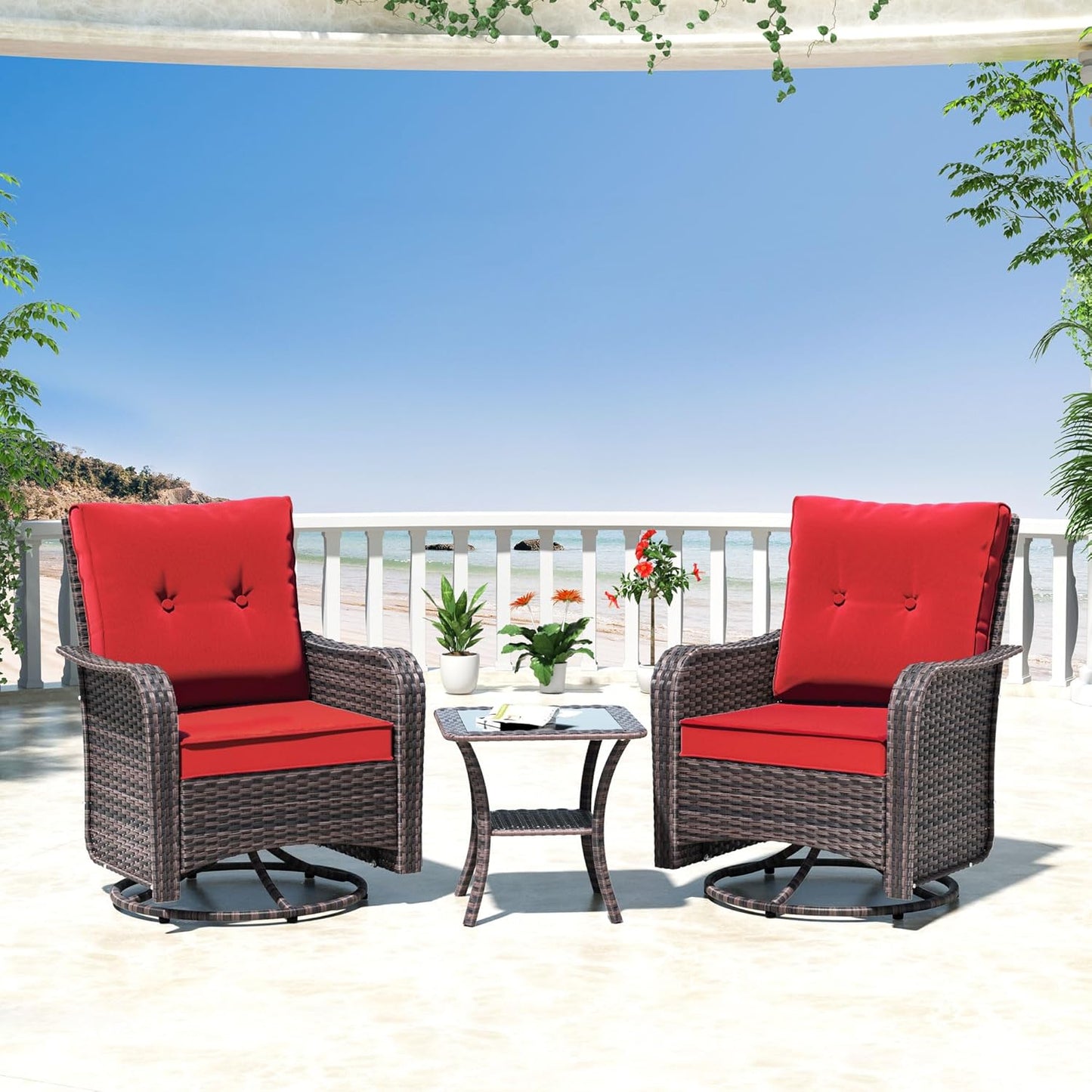 Red Rattan Swivel Rocking Chair Set