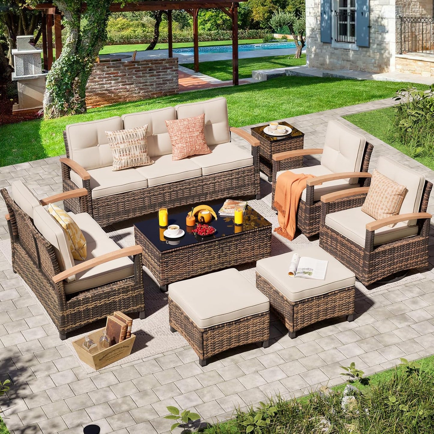 8 Pieces Patio Furniture Set with Swivel Rocker Chairs and Ottomans