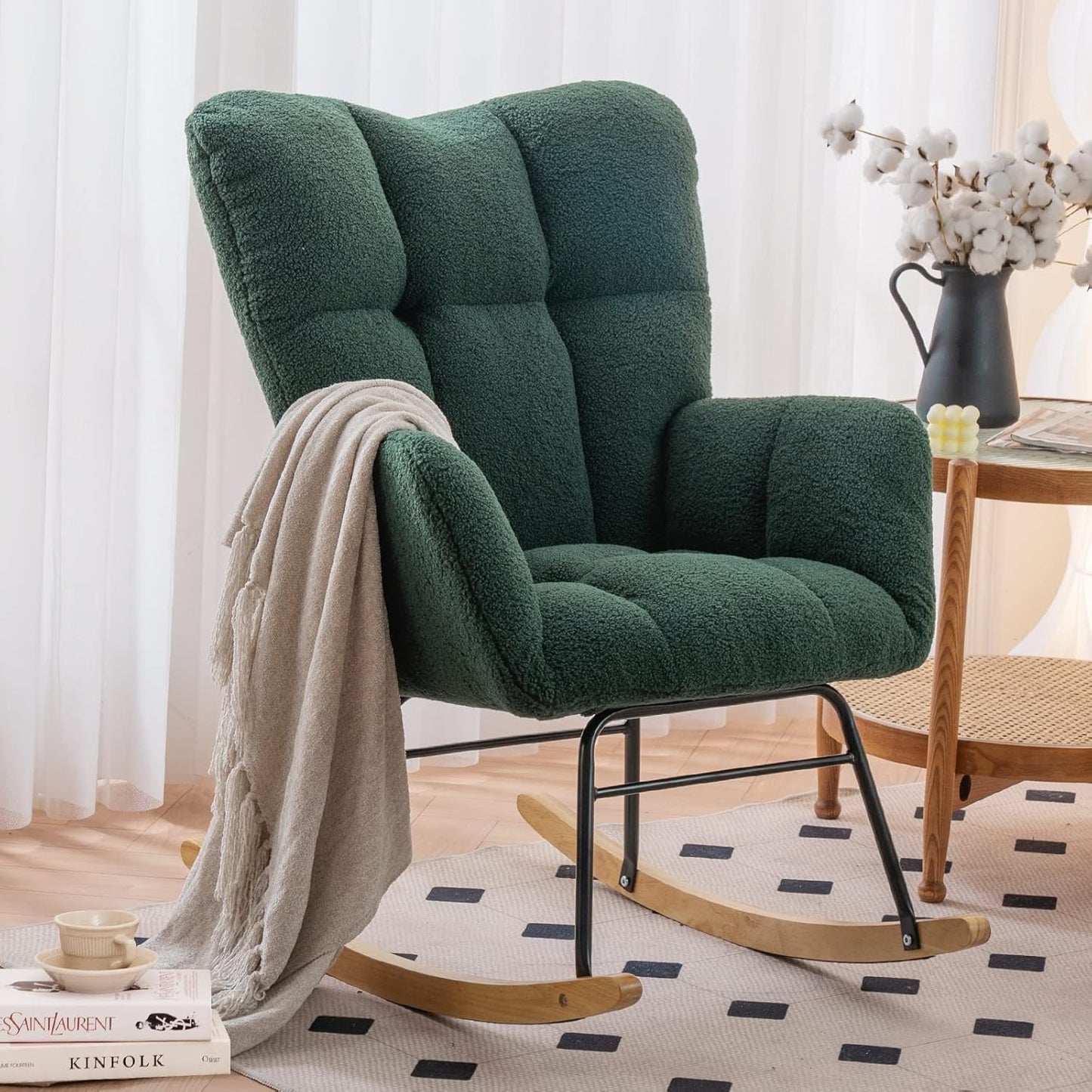 NIOIIKIT Nursery Rocking Chair Teddy Fabric Upholstered Glider
