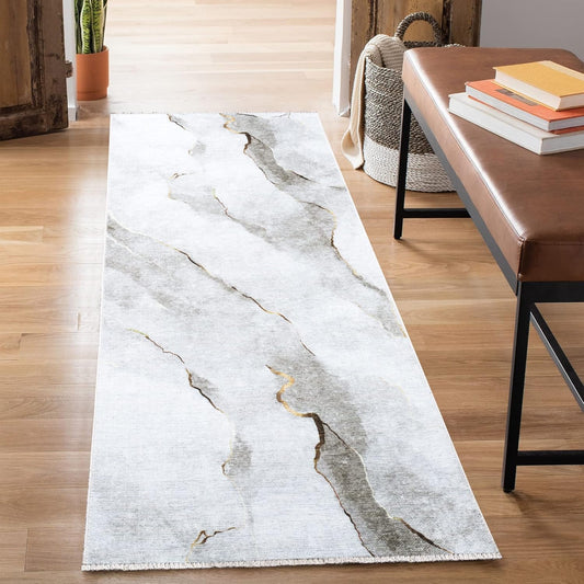 Caria Washable Non-Slip 12 ft Runner - Ivory/Gold Modern Design