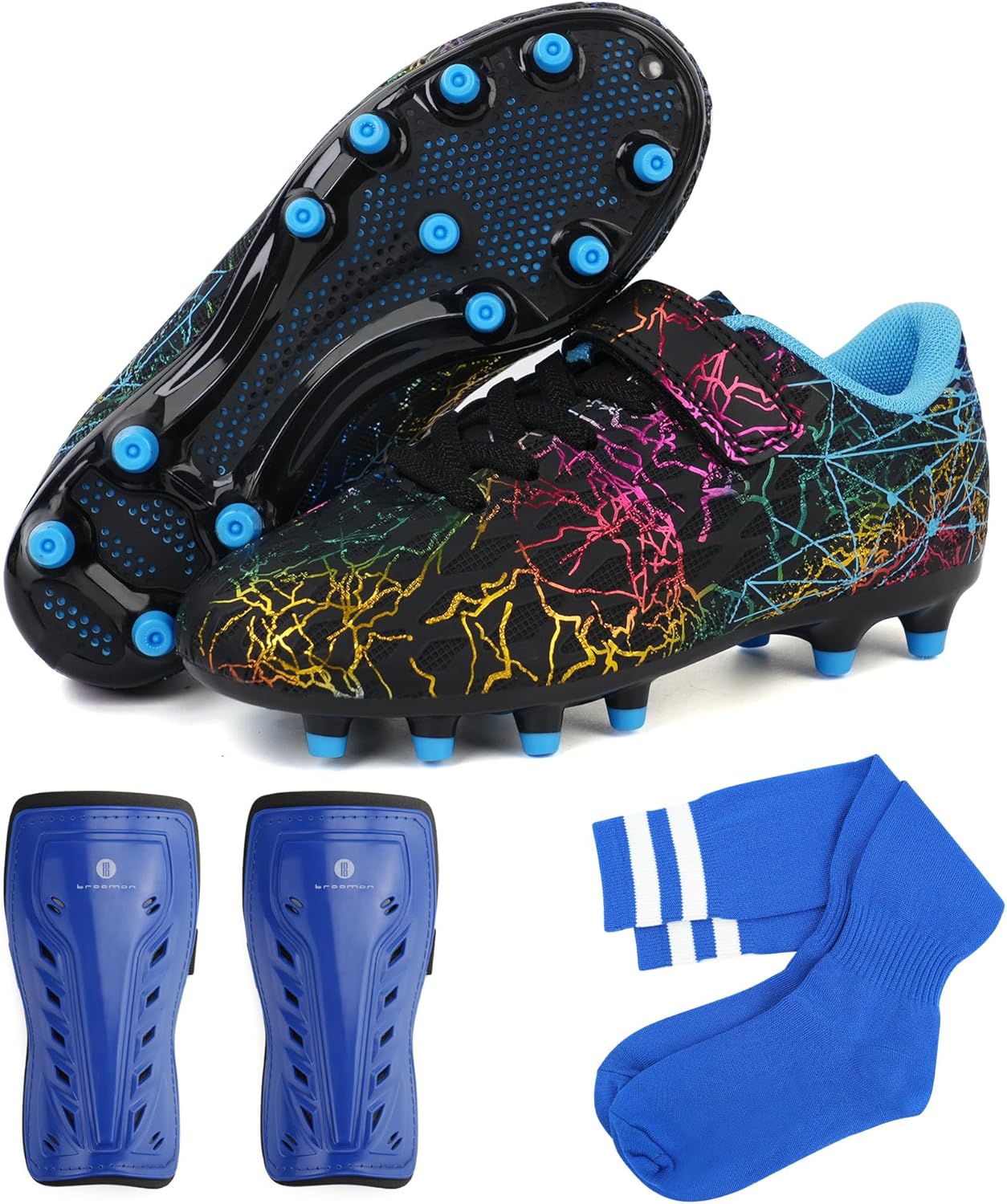 Kids Firm Ground Soccer Cleats with Shin Guards and Socks