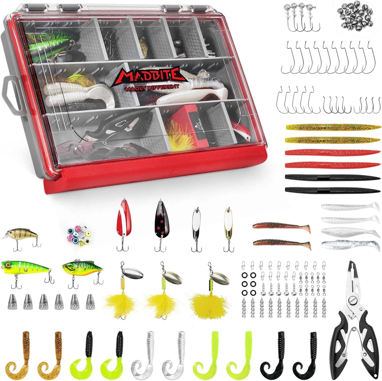 MadBite Pro Fishing Lures Kit - 143pcs Tackle Box & Pliers