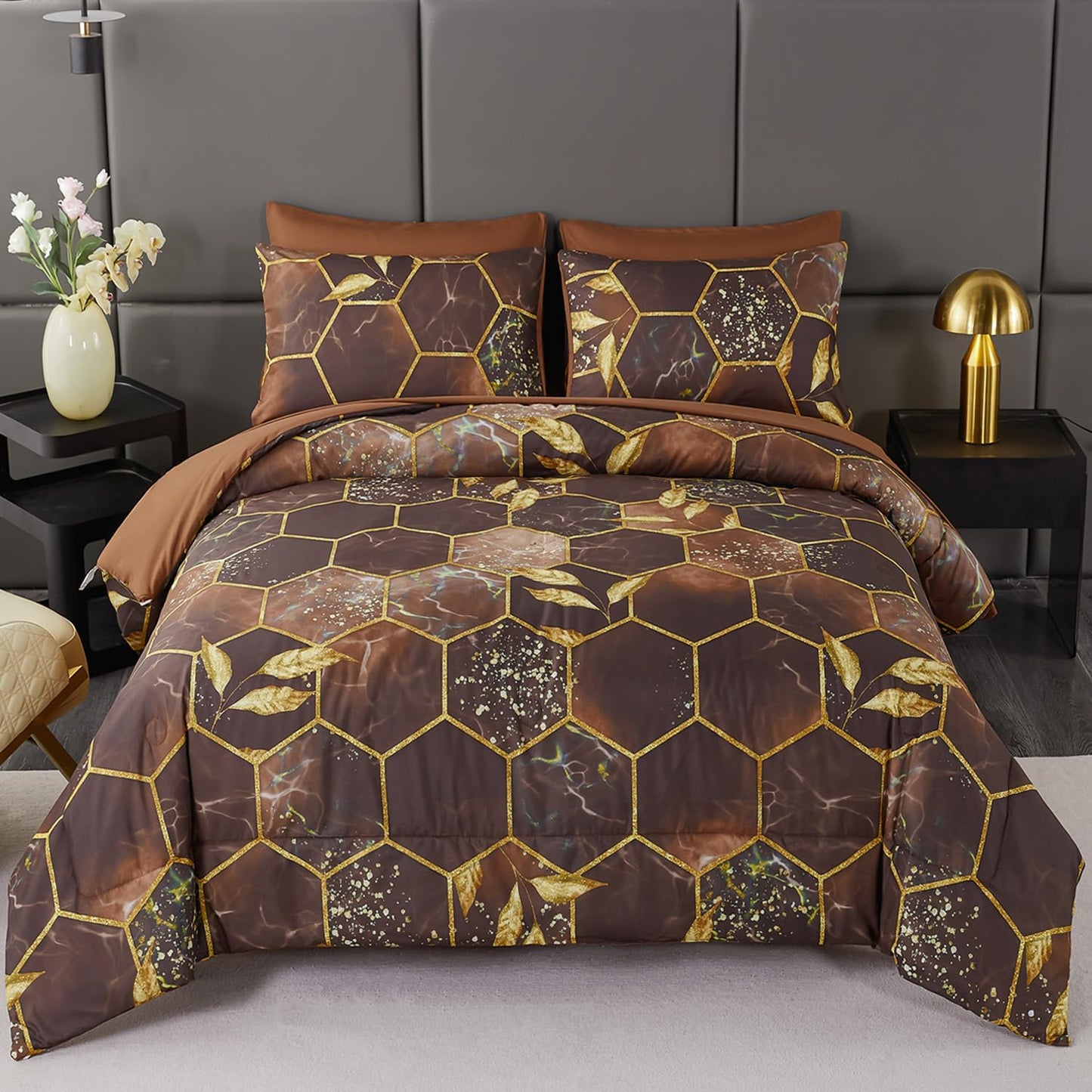 ANGIUIN Brown Gold Comforter Sets King Size for Luxurious Sleep