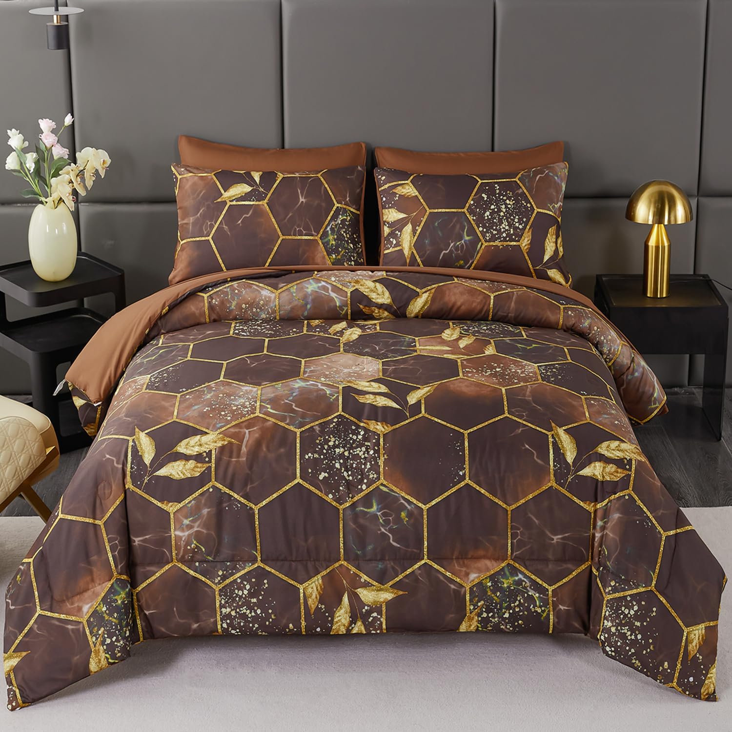 ANGIUIN Brown Gold Comforter Sets King Size for Luxurious Sleep