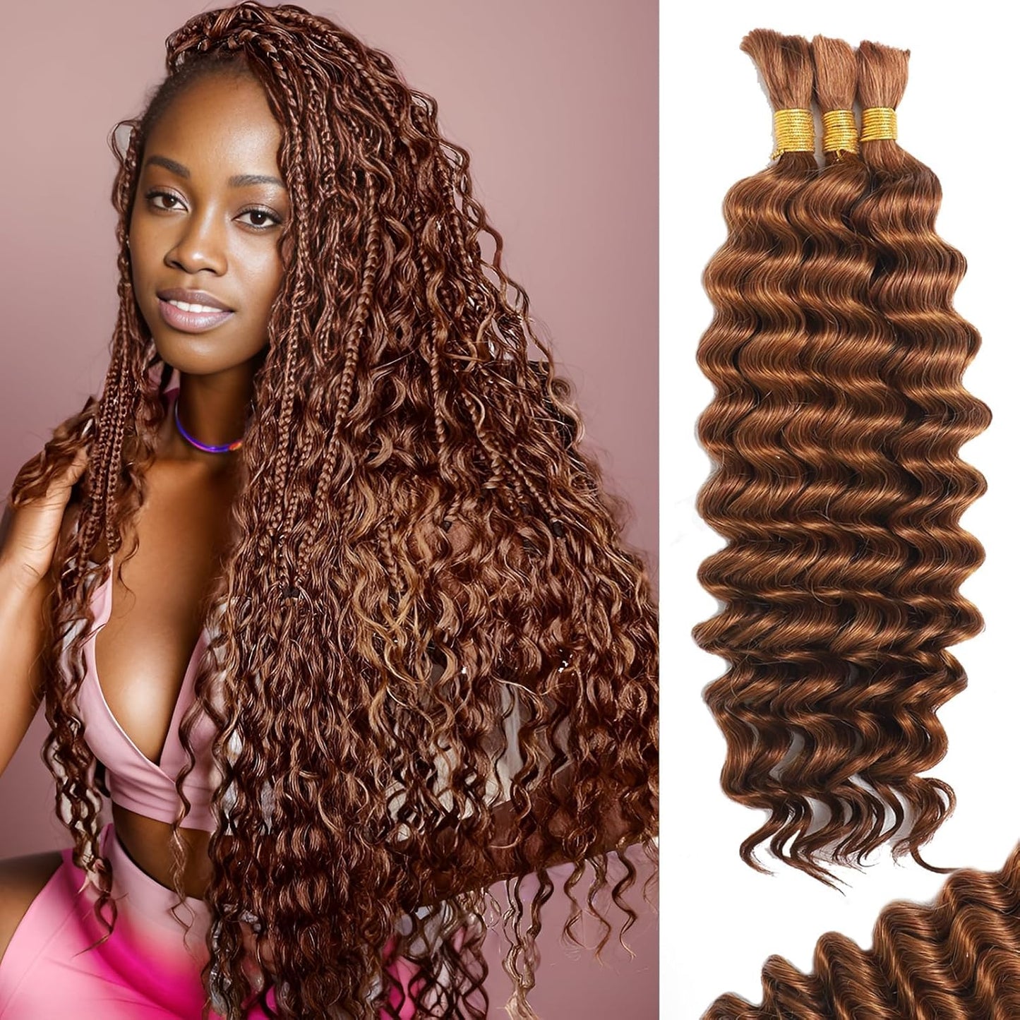 Human Braiding Hair for Boho Braids 24 Inch Curly Auburn Ginger