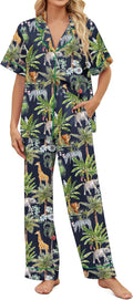 Satin Pajamas for Women Set Button Down Short Sleeve Print Pjs - Soft