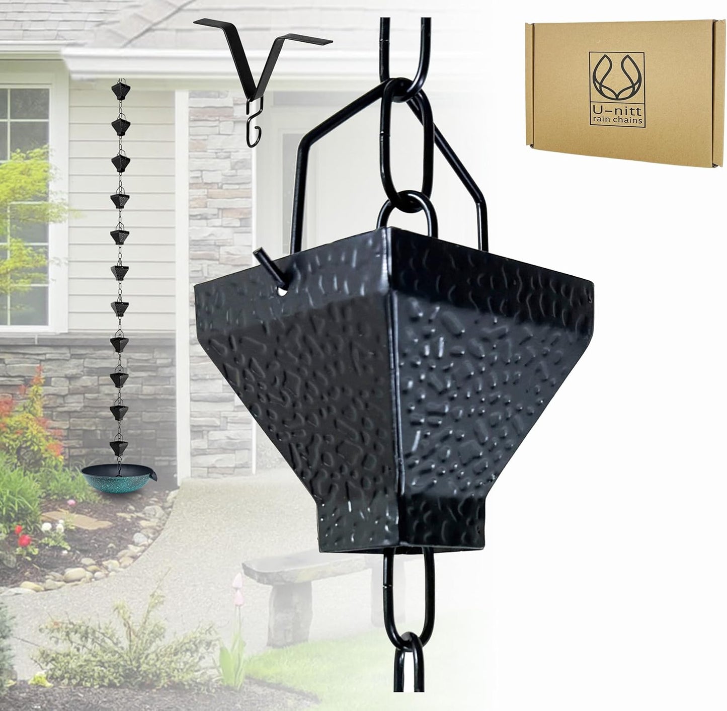 U-nitt Rain Chain Water Collection for Gutters, 8.5 FT Black