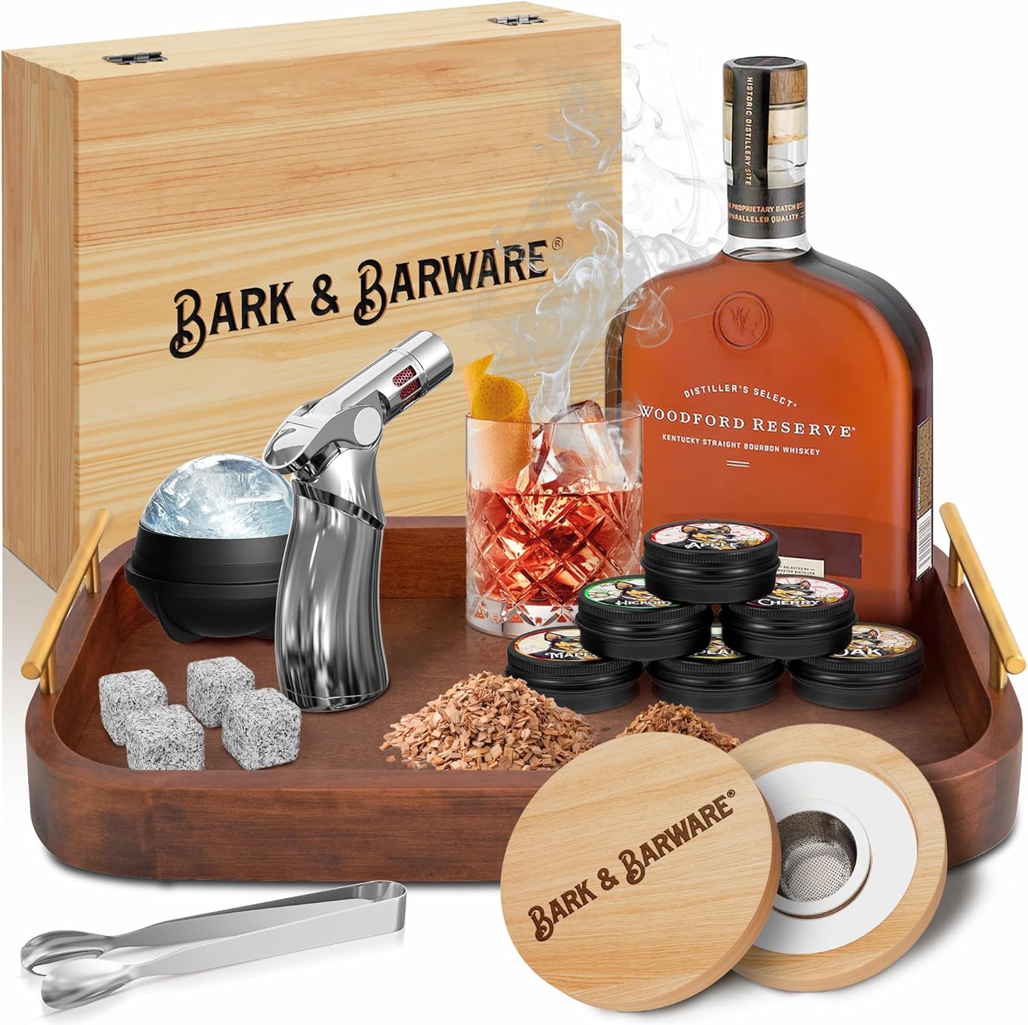 Bourbon Smoker Kit - Premium Wood Box & Tools - 6 Flavors - No Butane