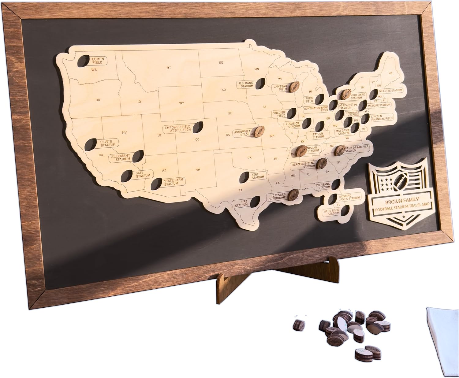 Personalized Wooden Football Stadium Tracker Map for Fans