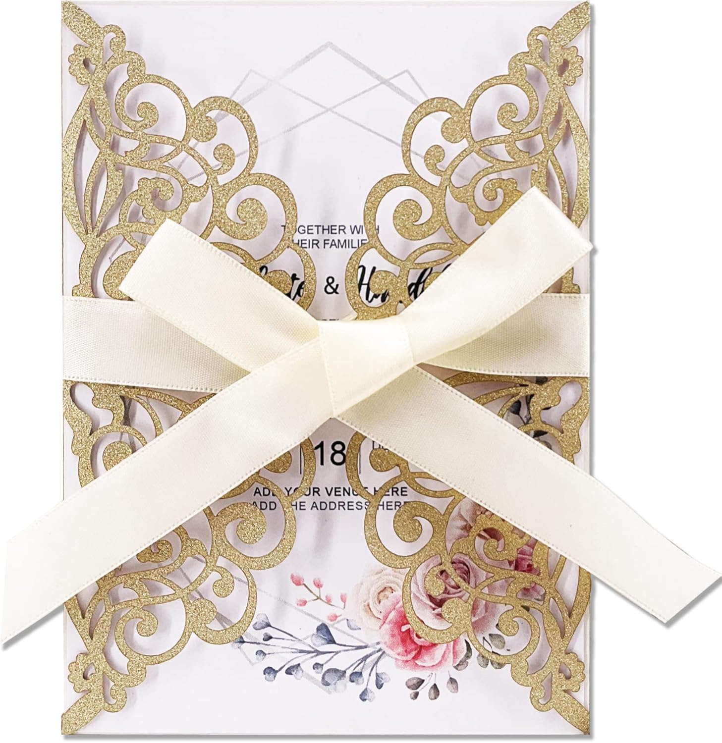 50Pcs Laser Cut Wedding Invitations with Glitter Envelopes