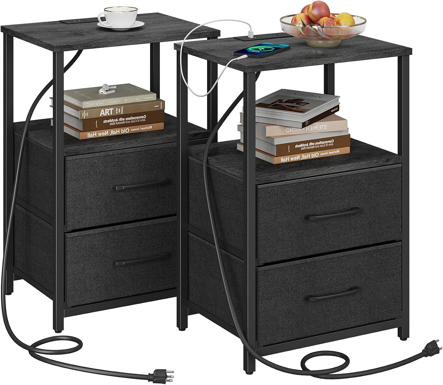 TUTOTAK End Table with Charging Station and Fabric Drawers