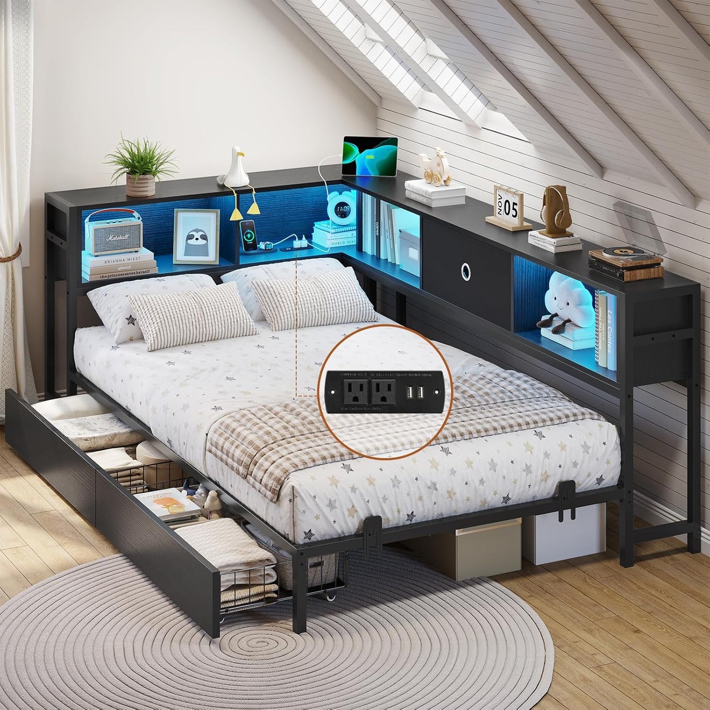 DICTAC Corner Bed Frame with Bookcase Storage and LED Lights