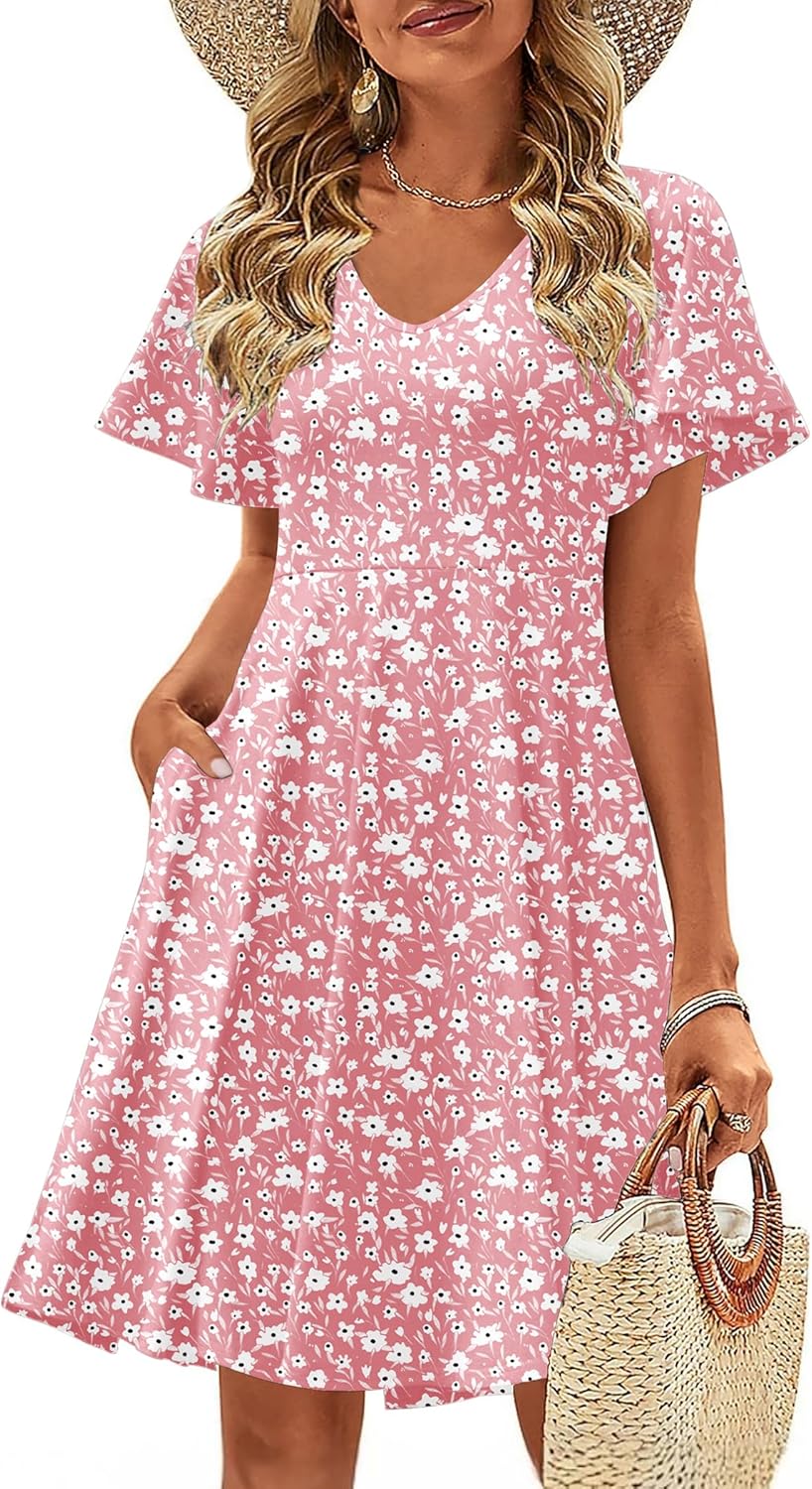 Zeagoo Womens Summer Dress Casual Swing Floral Ruffle Mini Dress