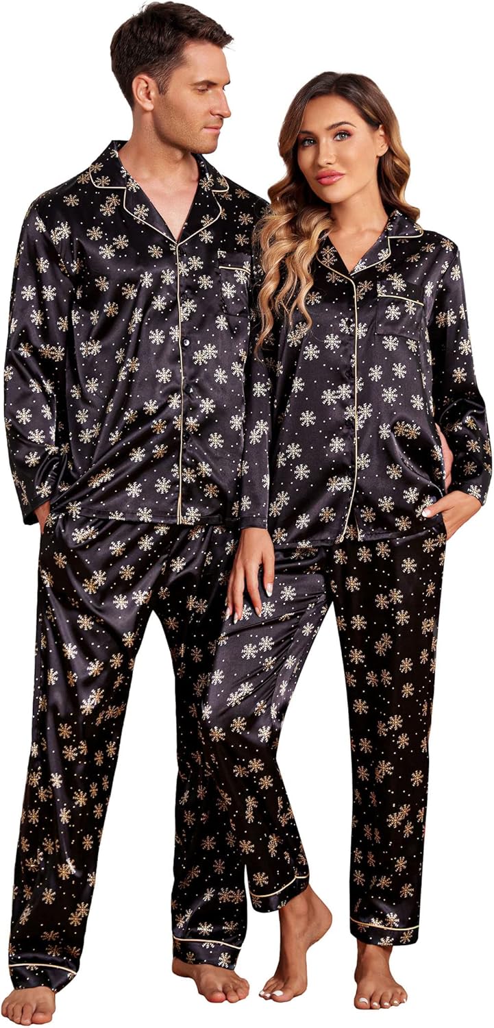 Ekouaer Couples Matching Pajamas Silk Long Sleeve Sleepwear Set