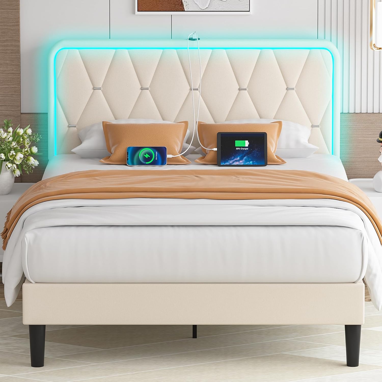 VECELO Upholstered Full Bed Frame with LED Lights and Charging