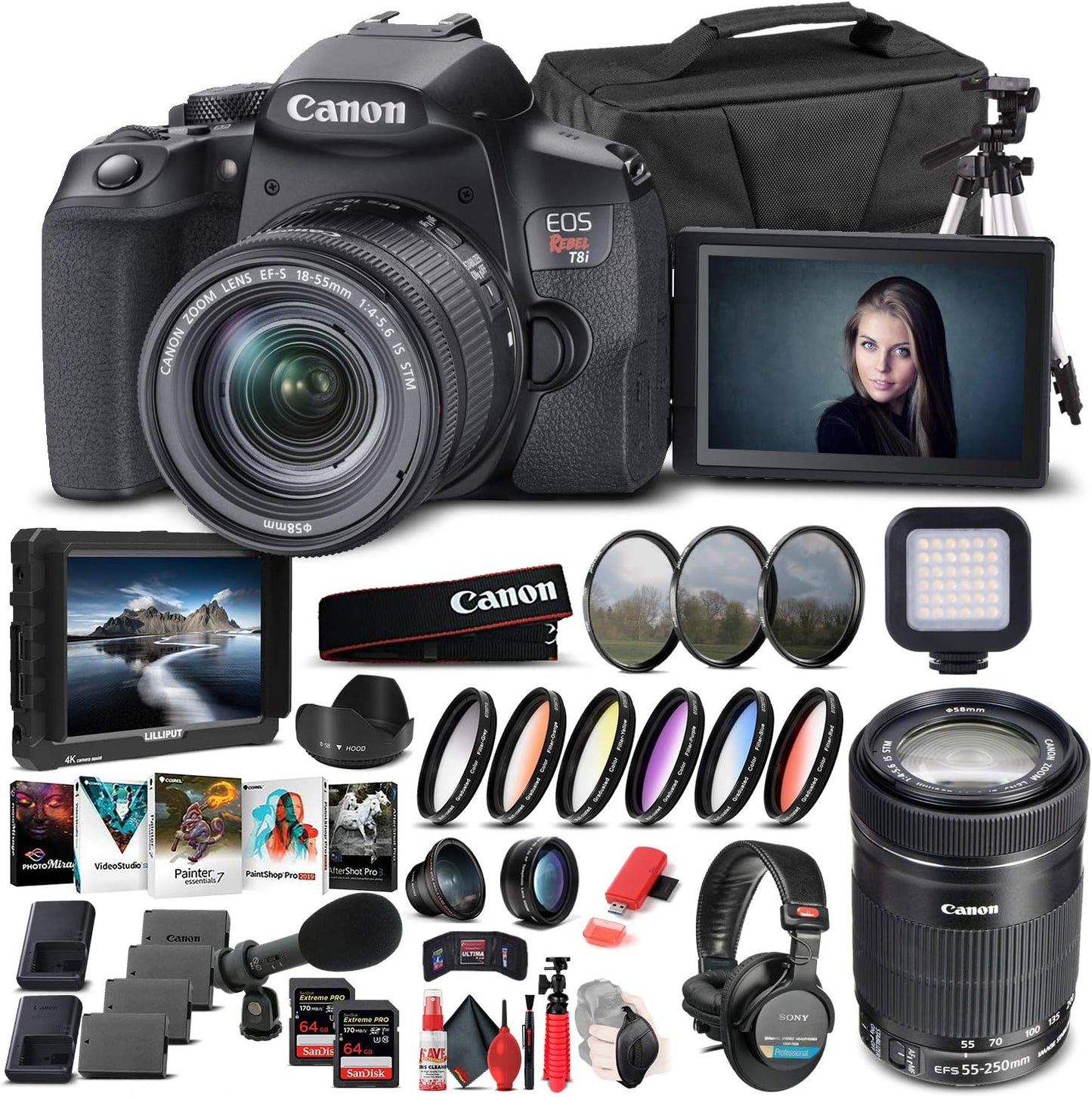 Canon Rebel T8i DSLR Bundle | 4K Monitor | Pro Headphones | Pro Mic