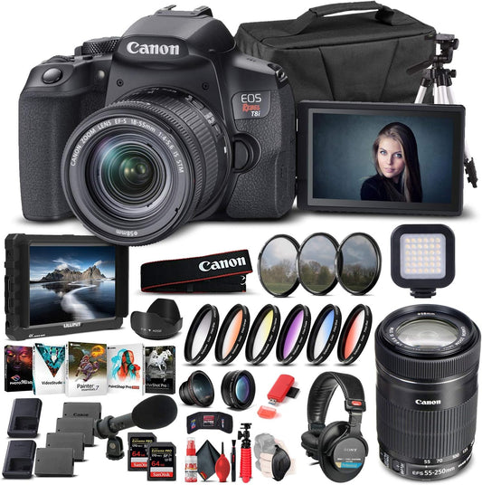 Canon Rebel T8i DSLR Bundle | 4K Monitor | Pro Headphones | Pro Mic