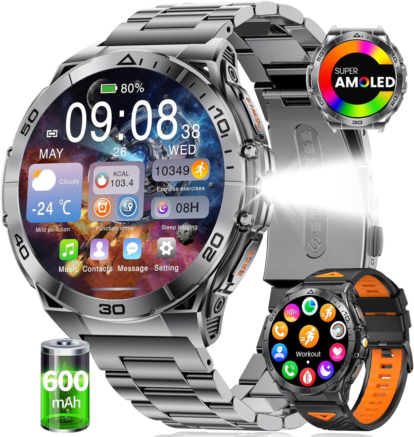 Smart Watches for Men with Flashlight and AMOLED Display