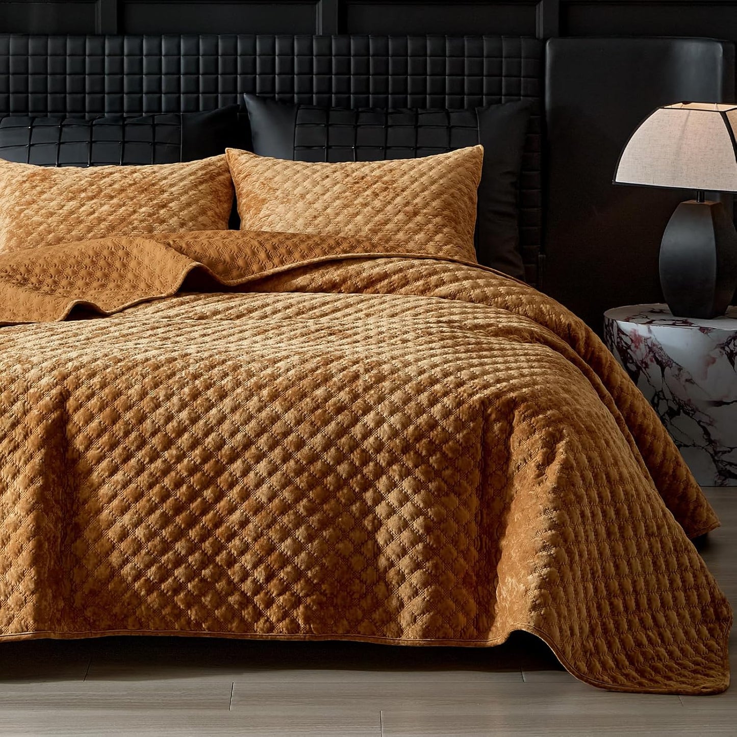 Luxury Velvet Quilt Set for Queen Size Bed in Burnt Orange