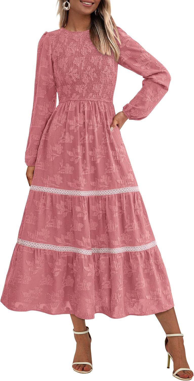 PRETTYGARDEN Long Sleeve Dress for Women - Elegant Floral Midi