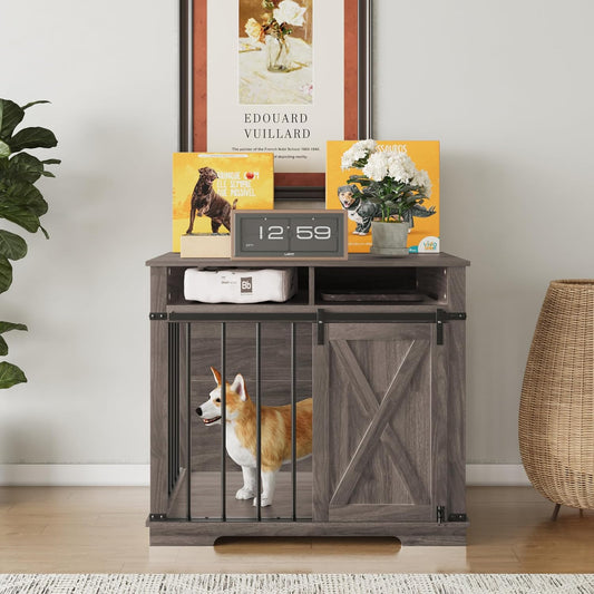 Aoowow Dog Crate Furniture 47in Wooden Dog Kennel with Barn Door