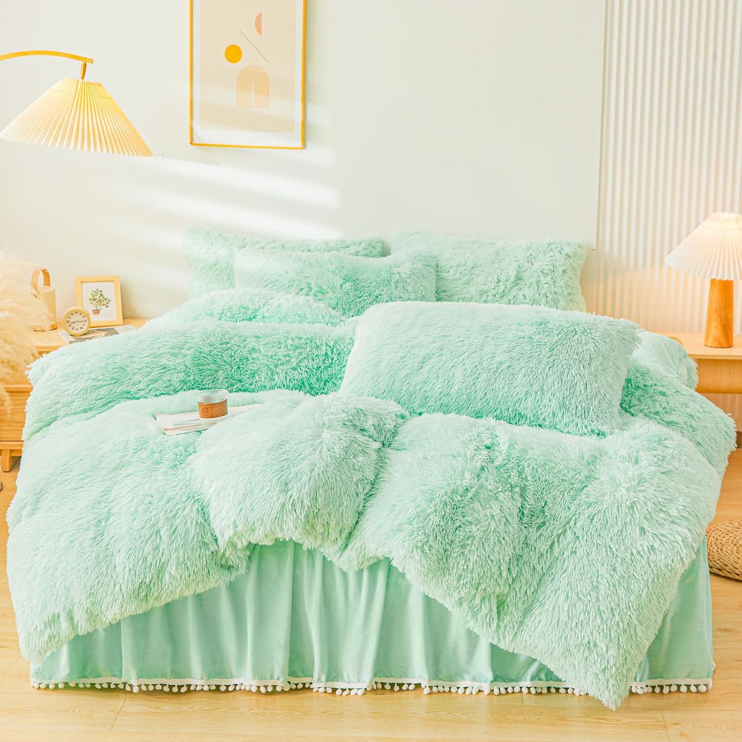 Fluffy Mint Green Faux Fur Comforter Cover Set for Twin Beds