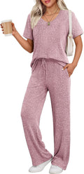 Ekouaer Womens Ribbed Knit Lounge Set Short Sleeve Top and Pants Sets