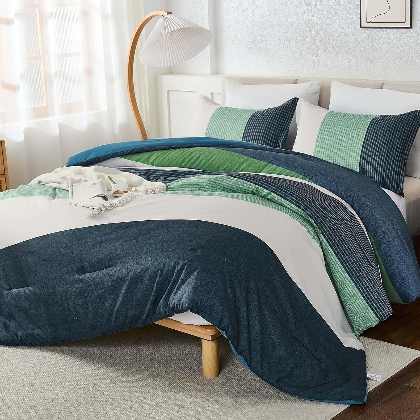 WONGS BEDDING King Size Comforter Set with Blue Stripes
