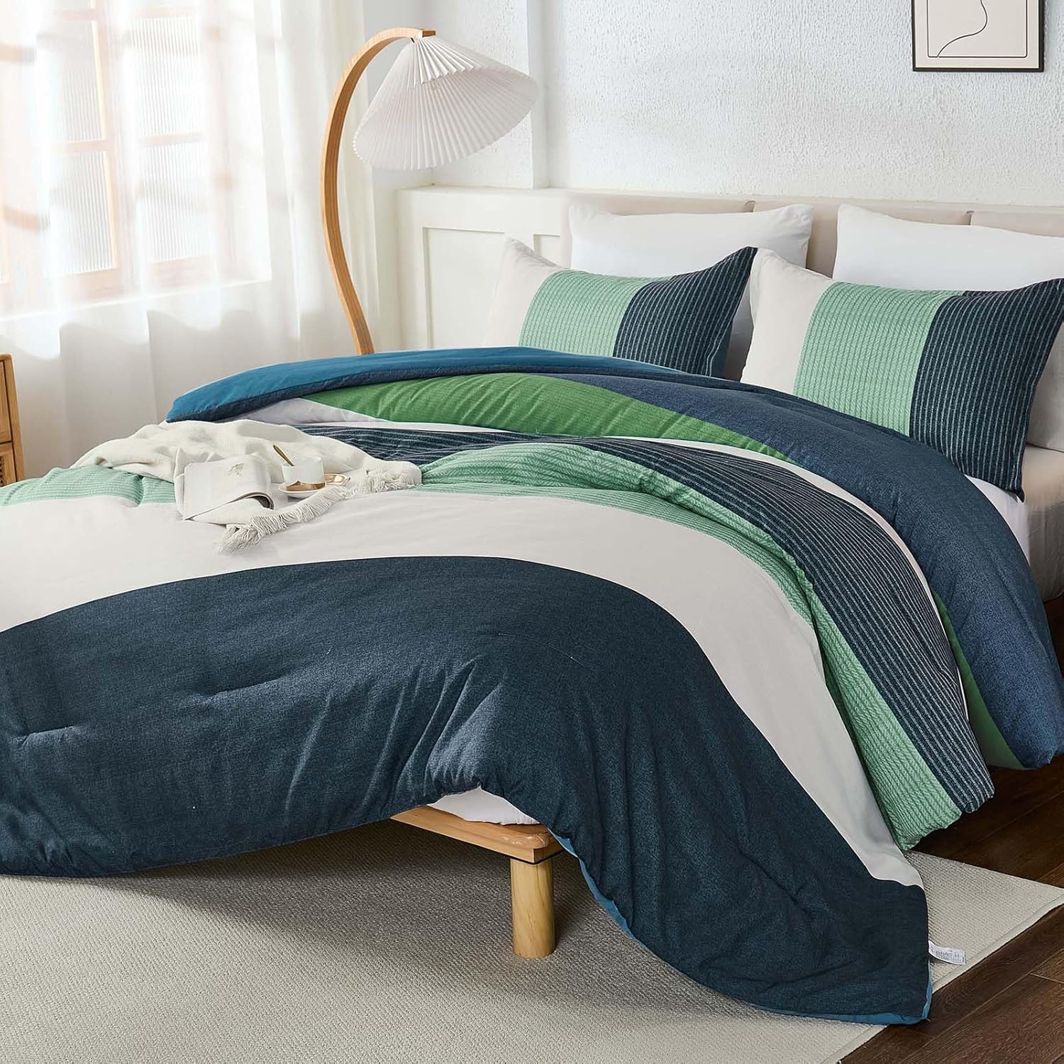 WONGS BEDDING King Size Comforter Set with Blue Stripes