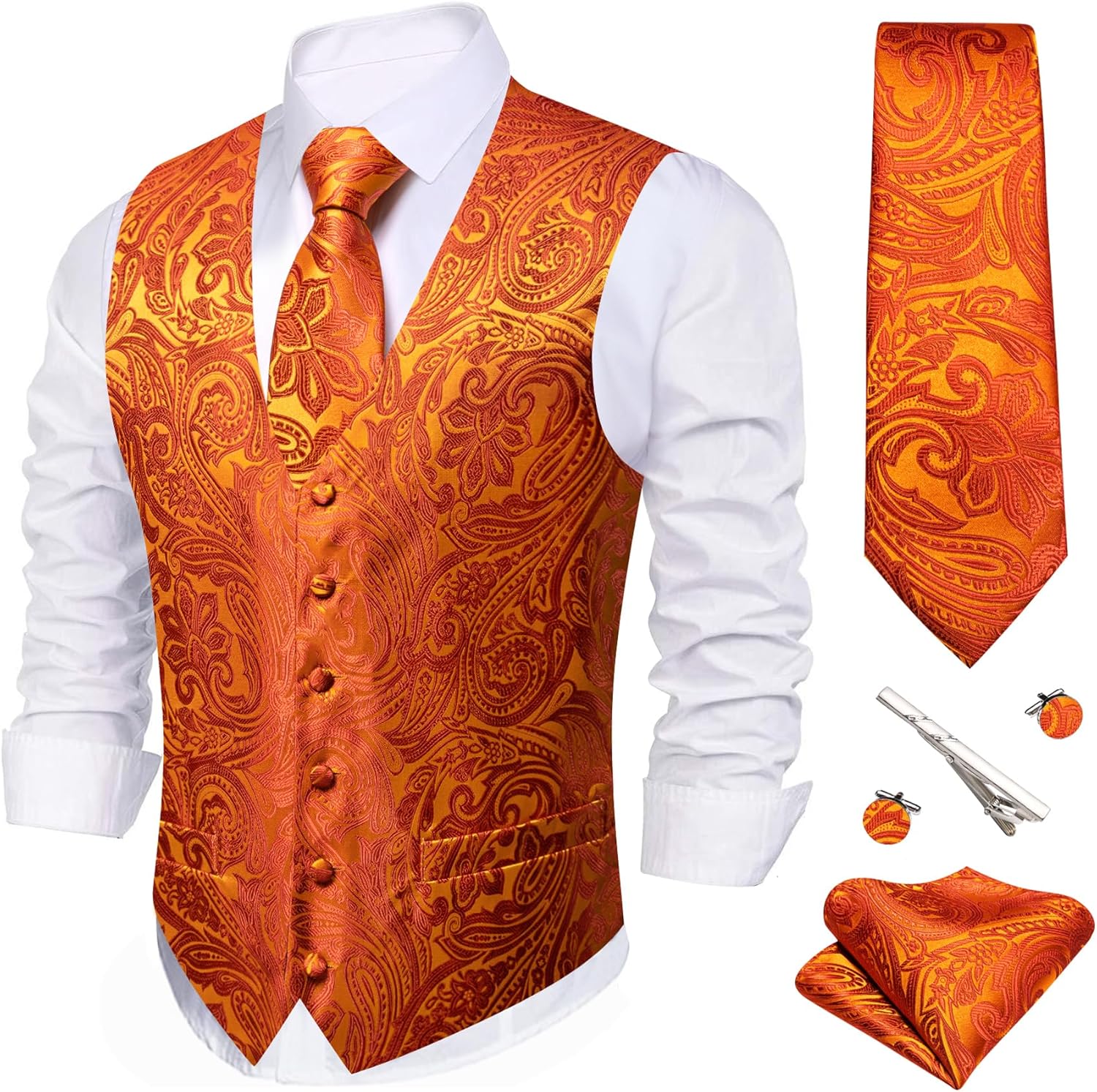Barry.Wang Men's Suit Vest Set with Tie and Pocket Square 5PCS