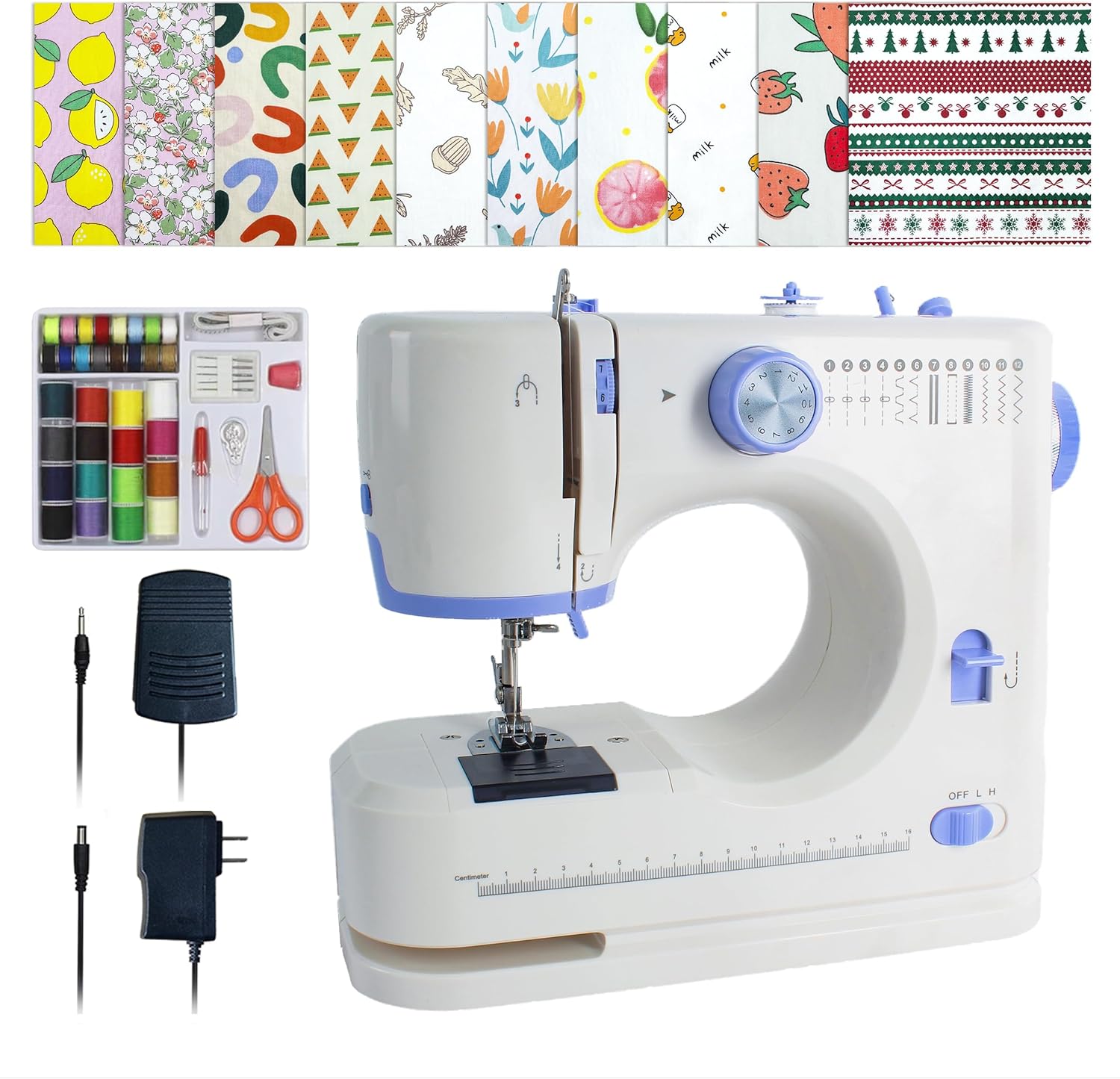 Beginner's Sewing Machine Bundle - 12 Stitches, Portable, 20 Fabrics, 32 Threads - White Blue