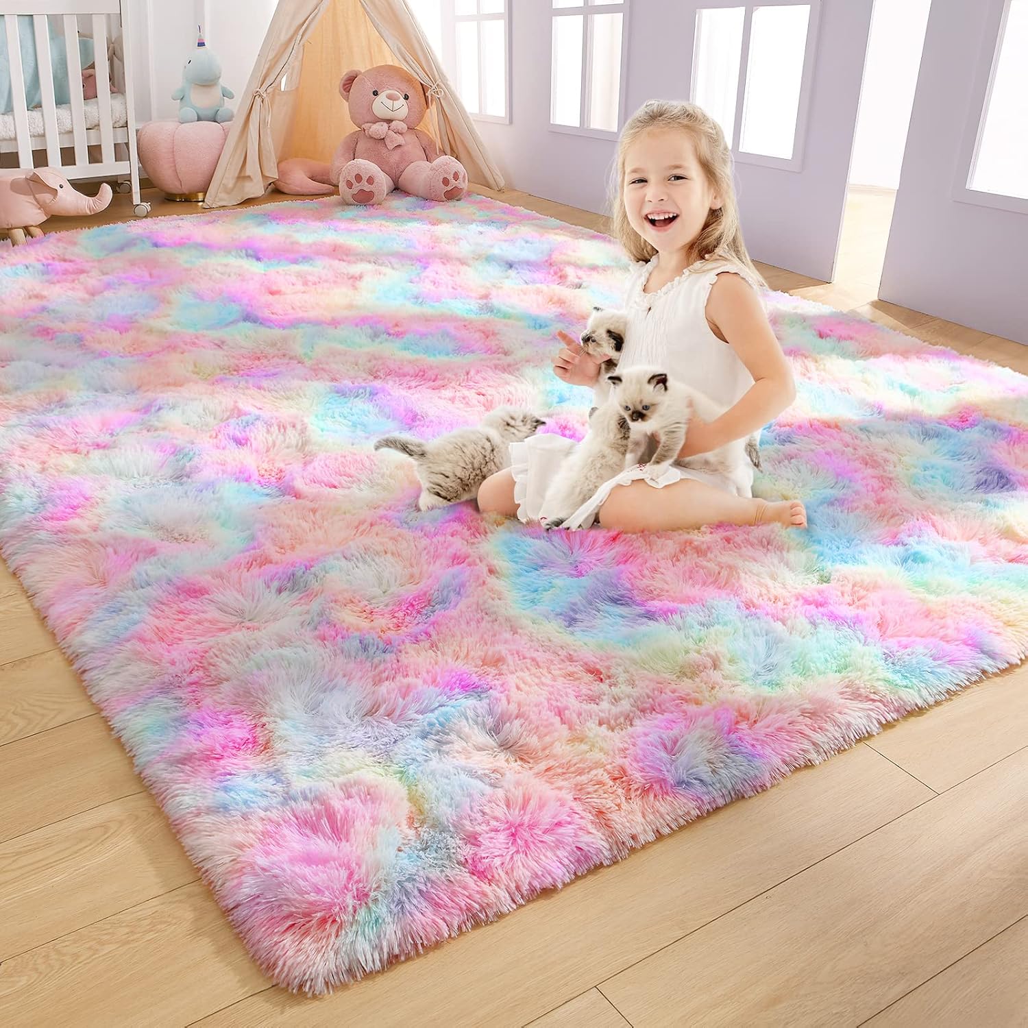 Soft Rainbow Area Rugs for Girls Room - Fluffy 5x8 Feet Carpet