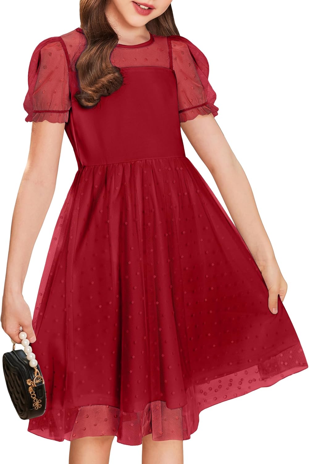 Arshiner Girls Dress Contrast Mesh Puffy Short Sleeve A Line