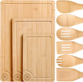 Bamboo Cutting Boards For Kitchen Set of 3 with 6 Wooden Spoons