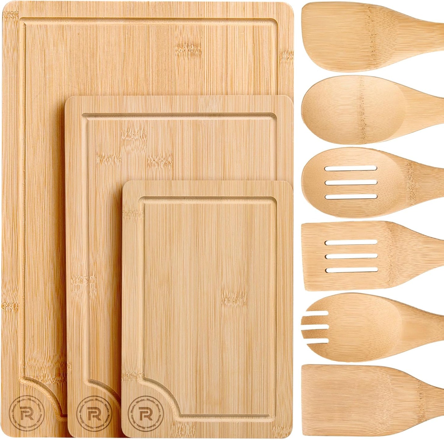 Bamboo Cutting Boards for Kitchen with Wooden Spoons Set of 3