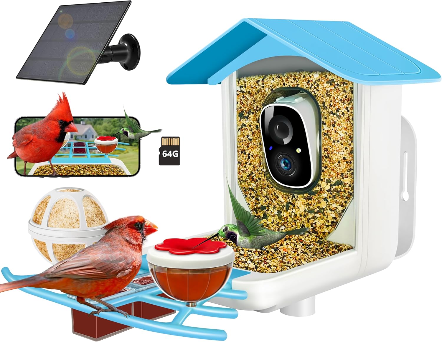 AI Bird Feeder Camera: 64GB Solar 2K HD Video, WiFi, Kadymay