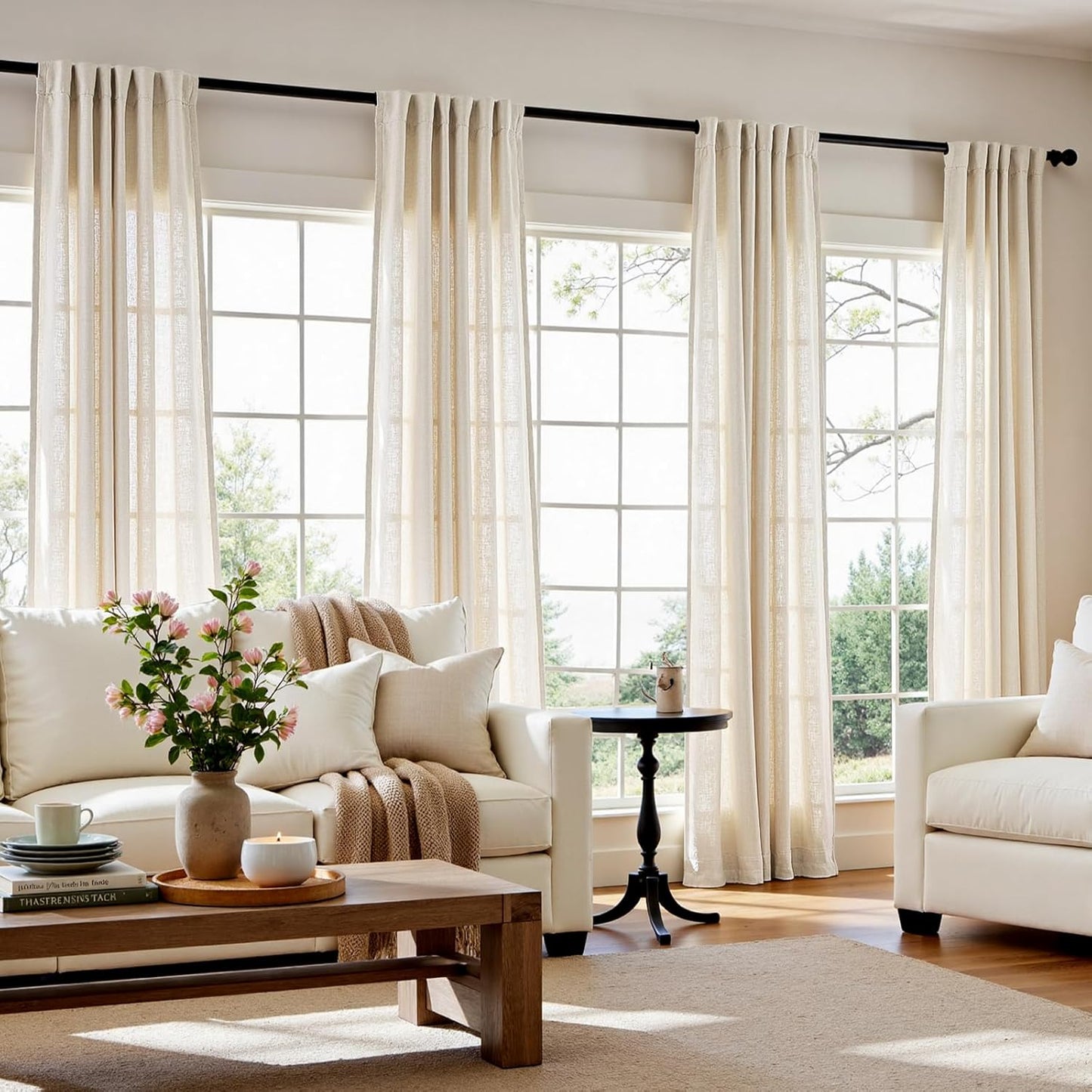 Ecru Natural Linen Blend Curtains 90 Inches for Living Room