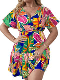 Plus Size Women's Wrap V Neck Dress with Short Sleeves by Floerns