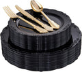 Black Plastic Plates Set with Gold Silverware - Elegant Disposable