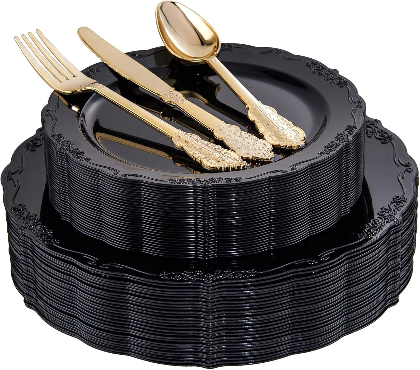 DaYammi 150Pcs Black Plastic Plates & Gold Silverware Set
