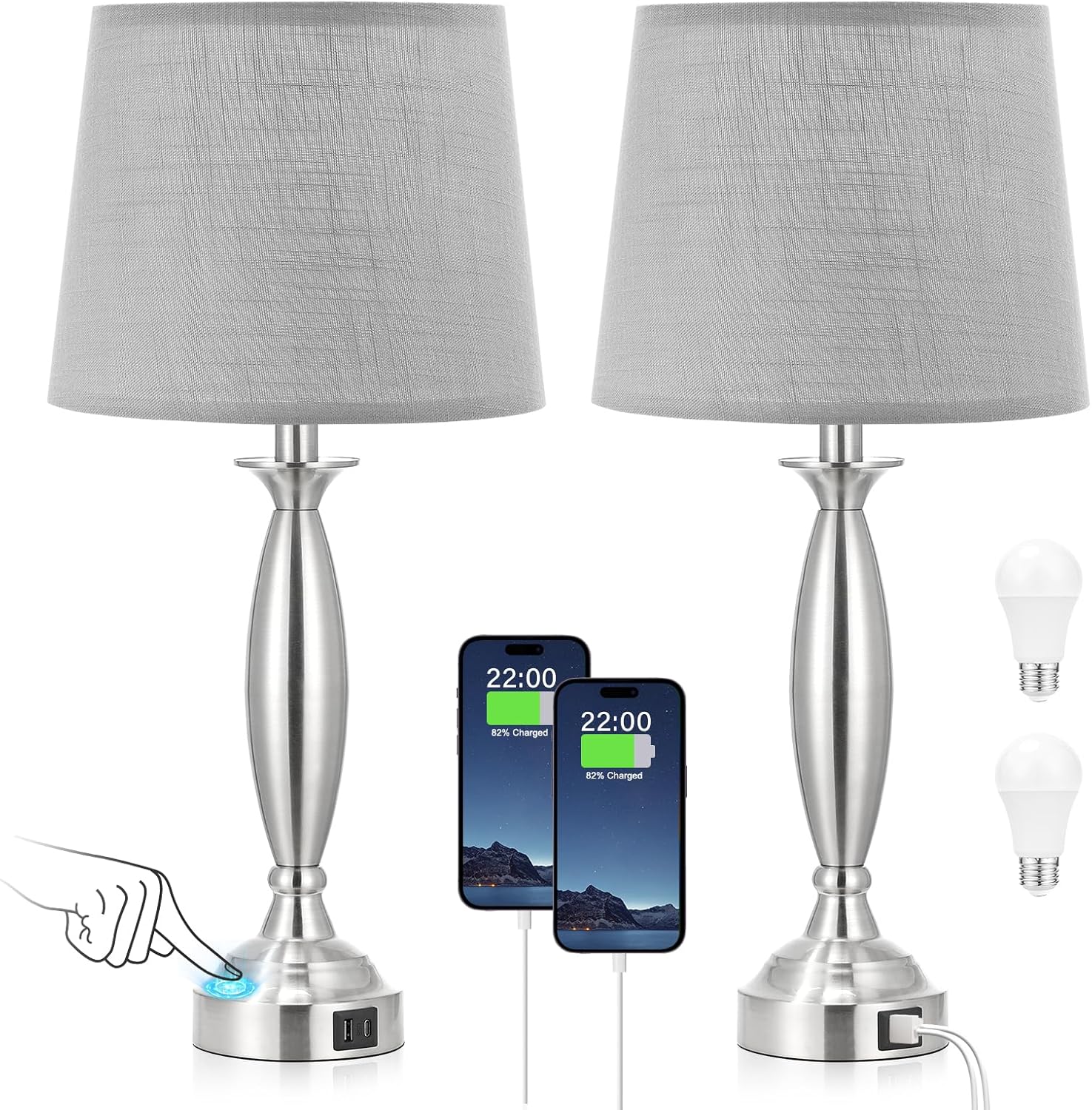 Touch Bedside Lamps Set of 2 with USB Ports for Bedrooms