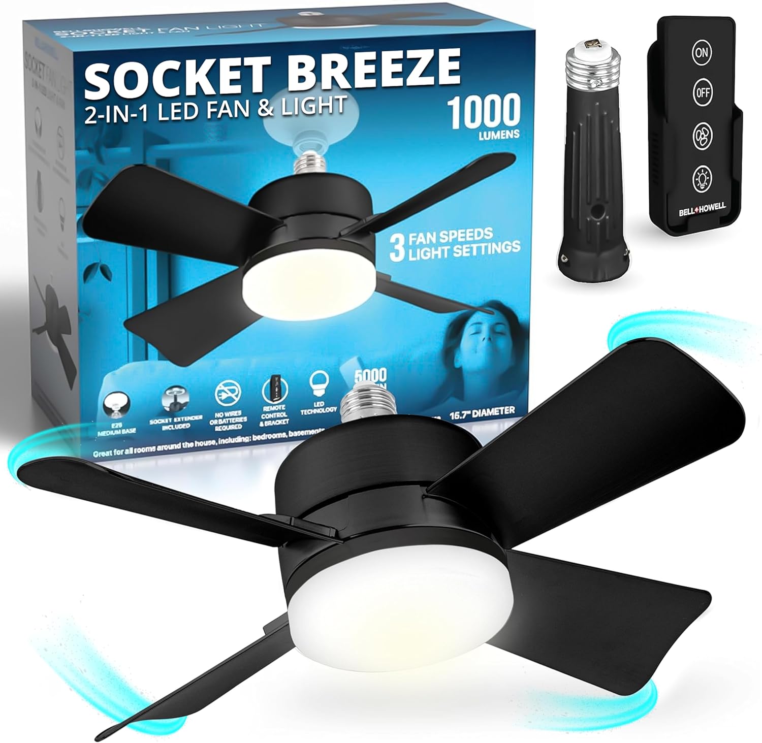 Socket Breeze Ceiling Fan Light with Remote for Home Use